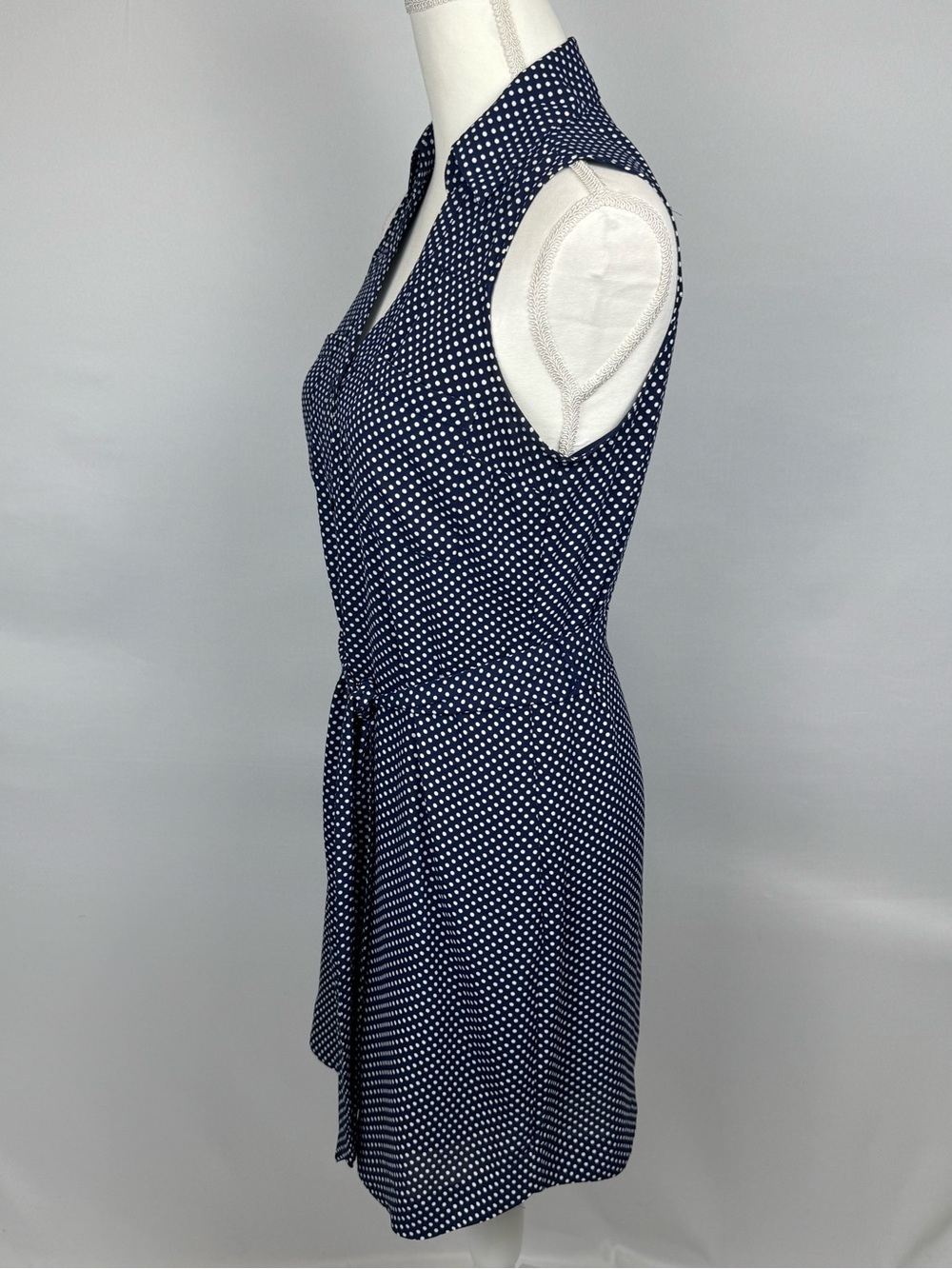Express Sleeveless Shirt Dress Navy Blue White Polka Dot Belted Size XS Office - Picture 3 of 8
